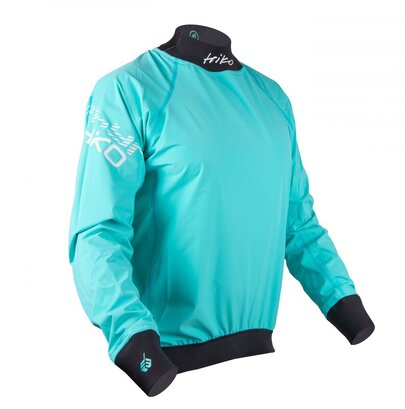 hiko long sleeved cag in coral blue with black neoprene cuffs and band